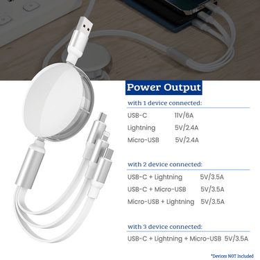 iQuick 3-in-1 Retractable Fast Charge & Date Sync Cable IQTC2301 1.2m - White